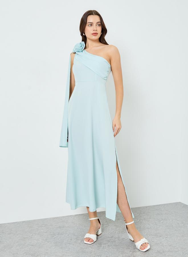 Take Two Women Turquoise One Shoulder Cape Sleeve Maxi Dress - Image 2